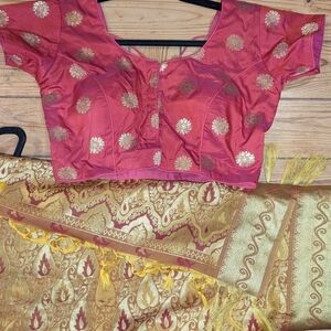 Pink and Gold Embroidered Blouse and Saree Sari Set